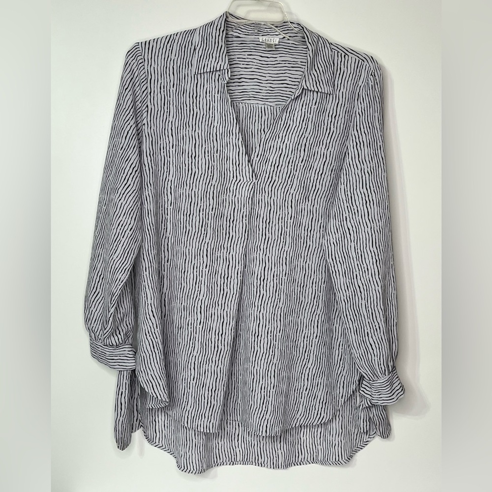 Spense‎ White With Black Stripe Hi Low Collared VNeck Pullover Blouse Women's XL